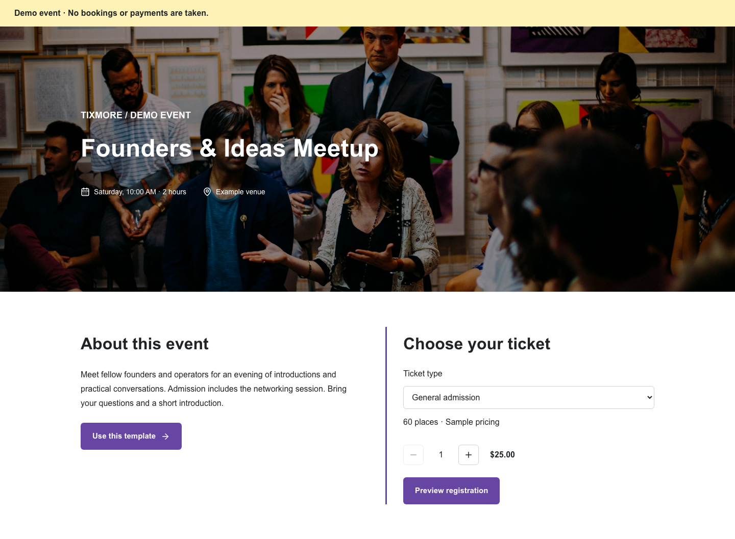 Founders & Ideas Meetup template preview (demo data)