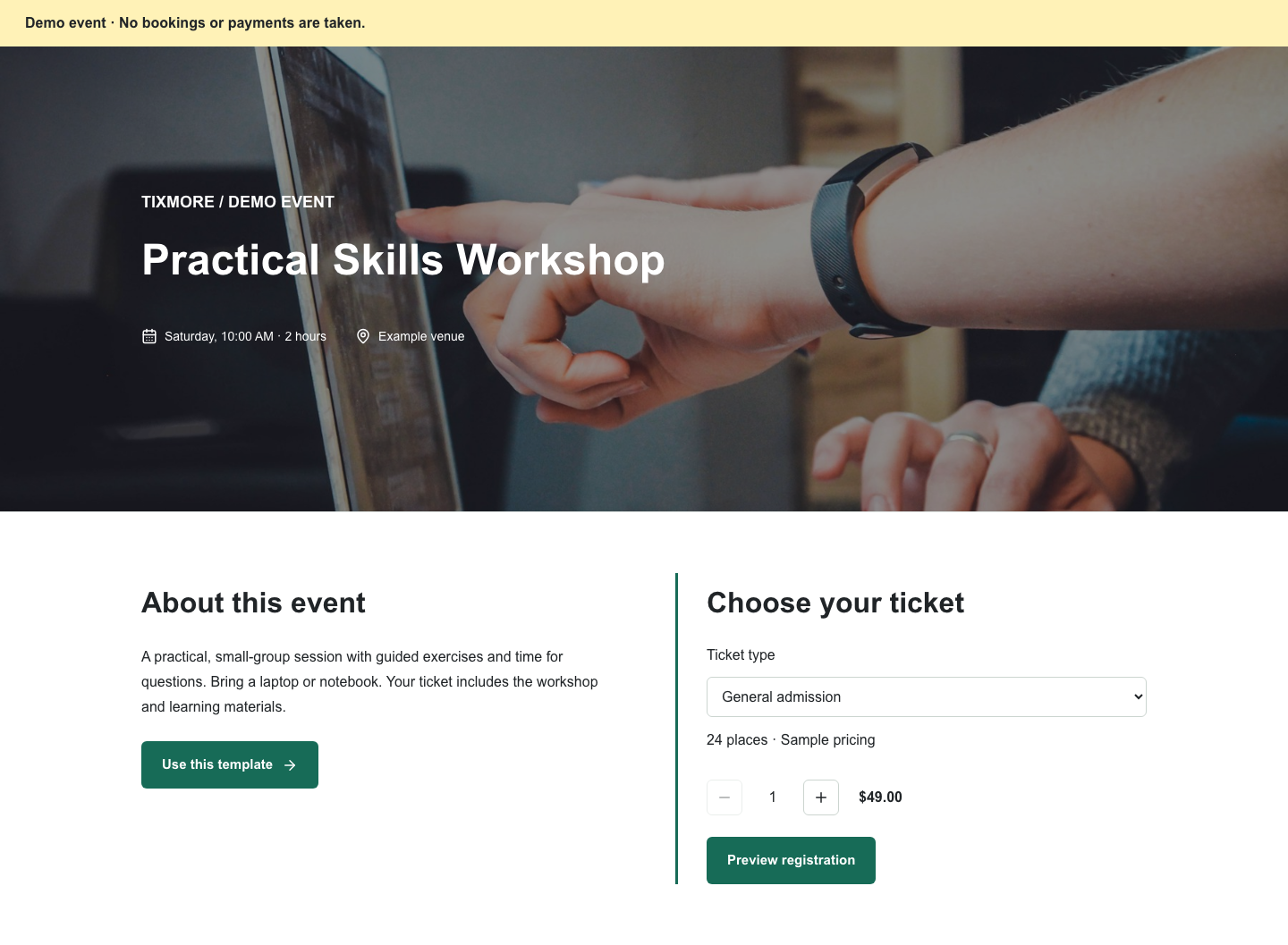 Practical Skills Workshop template preview (demo data)
